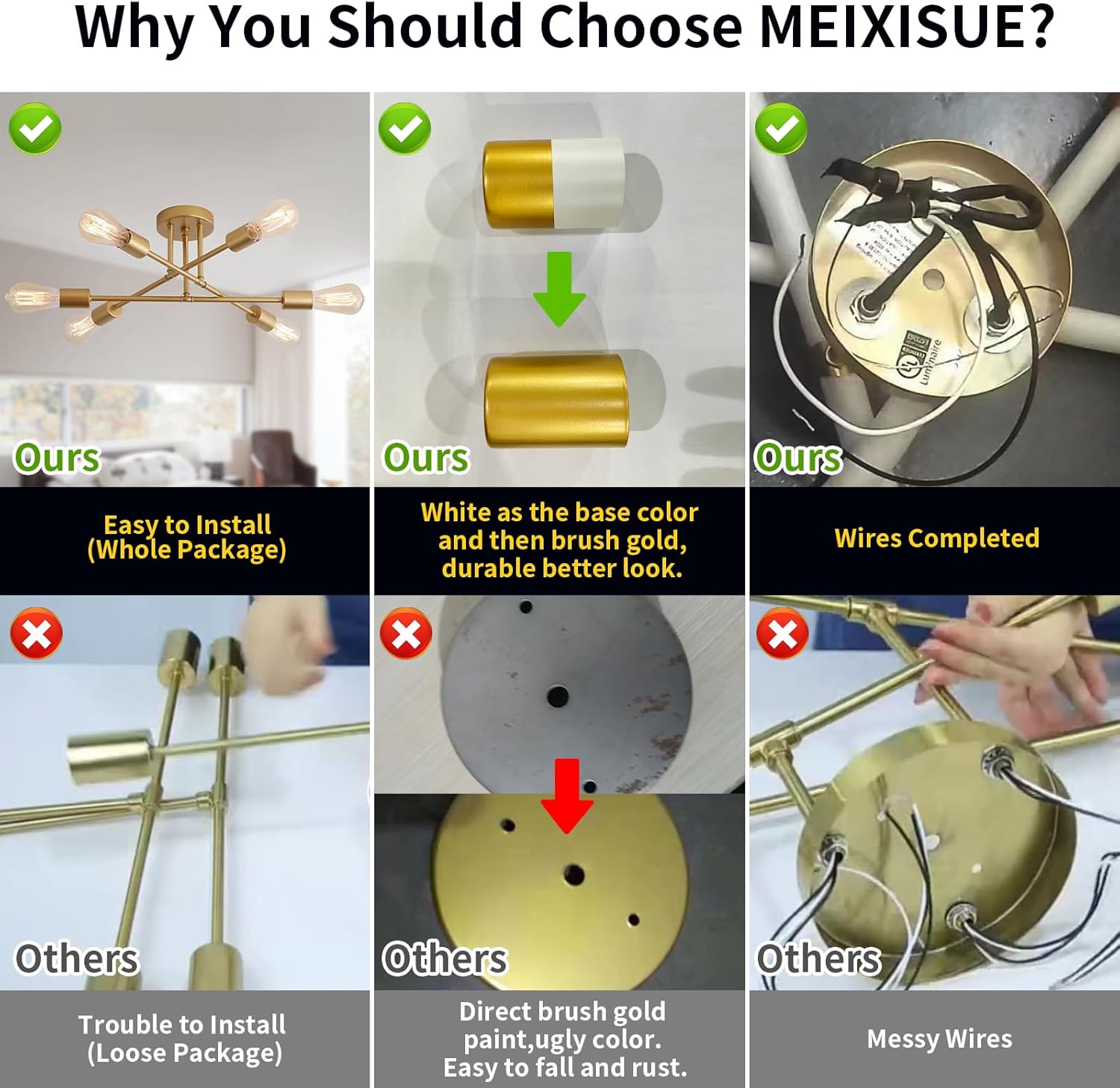 Gold Modern Sputnik Chandelier Ceiling Light Fixtures,6-Lights Industrial Metal Semi Flush Mount Ceiling Light for Bedroom Dining Room Living Room Kitchen Hallway UL Listed